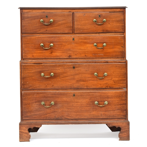 1051 - An 18th century and later mahogany chest on chest, the moulded top over two short and three graduati... 