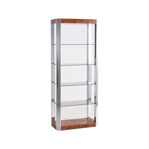 1061 - A chrome and burr wood shelving unit in Art Deco style, 199cm high, 82cm wide, 41cm deep