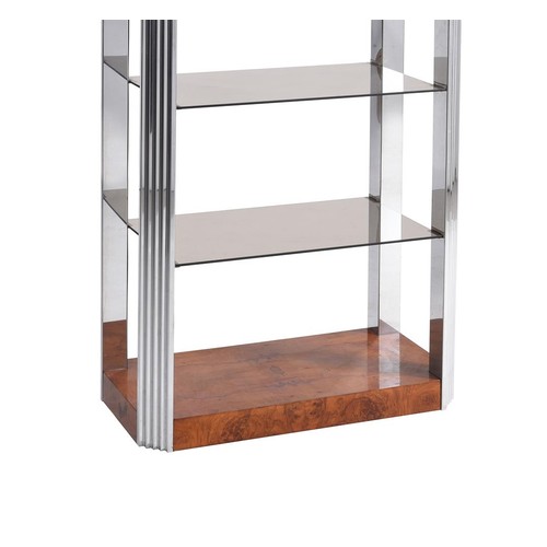 1061 - A chrome and burr wood shelving unit in Art Deco style, 199cm high, 82cm wide, 41cm deep