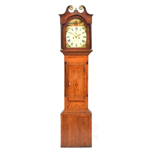 1066 - An oak longcase clock, the hood with broken pediment, over a domed painted 12 inch dial with Roman n... 