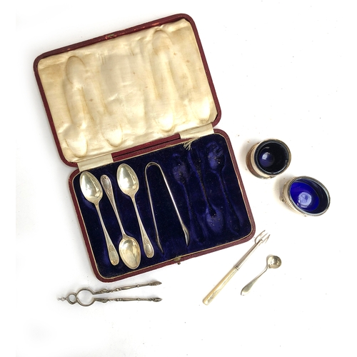 77 - A mixed lot of silver, to include three teaspoons with matching sugar tongs, by James Dixon & Sons; ... 