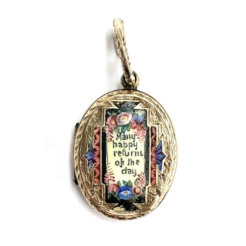 A Victorian gold back and front locket with floral enamel motto decoration, 'Many Happy Returns Of The Day', soldered engraved split ring bail, gross weight 7.4g, 2.5cm long