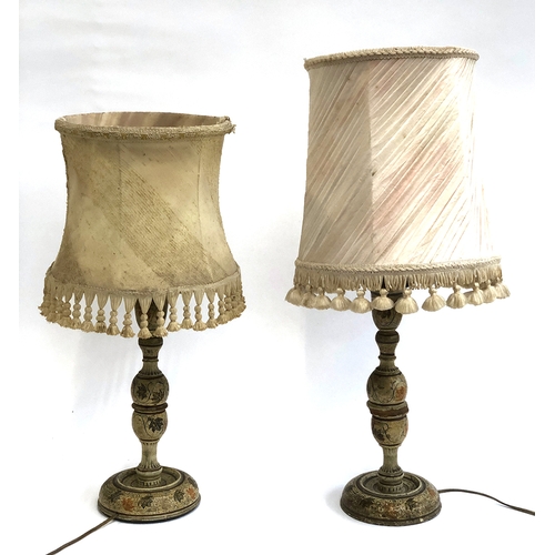 1055 - A pair of turned polychrome painted table lamps, each 32cmH to base of fitting, one af