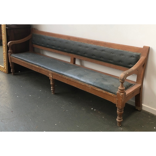 1059 - A long 19th century scumble painted hall bench, approx. 258cm long, the seat 45cm high, 50cm deep