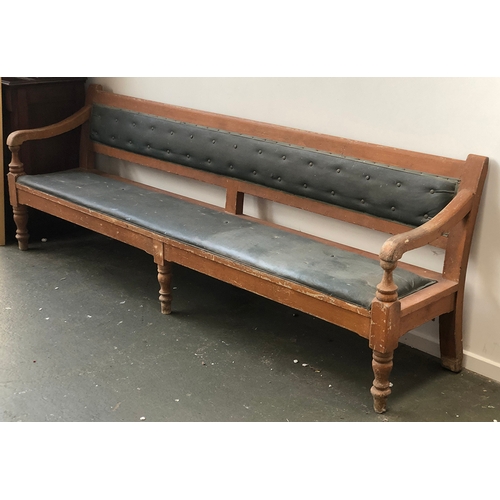 1059 - A long 19th century scumble painted hall bench, approx. 258cm long, the seat 45cm high, 50cm deep