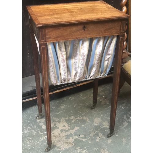 1011 - A George III mahogany and line inlaid work table, square tapered legs with brass caps and casters, 4... 