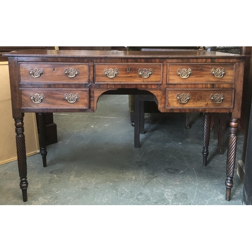 1014 - A 19th century mahogany kneehole desk, the top with double reed moulding, over and arrangement of fi... 