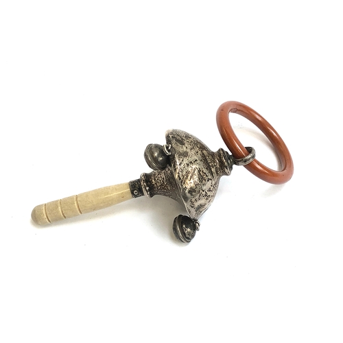 70 - A silver and bakelite rattle, with teething ring, by F H Adams & Co, Birmingham 1931