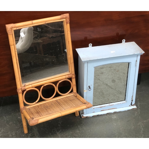 1071 - A pale blue painted mirrored bathroom cabinet, together with a bamboo mirror shelf