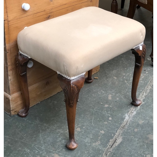 1003 - A George I style footstool, shell capped cabriole legs, 57x41x52cmH