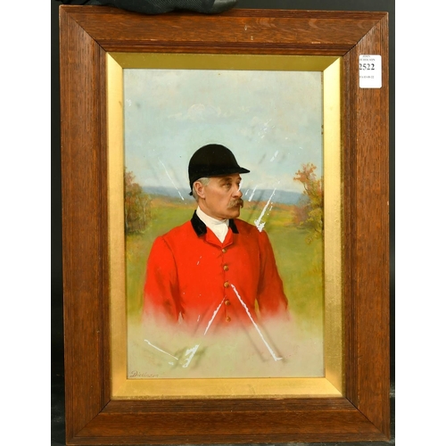 228 - Dickinson, Late 19th Century, a half-length study of a huntsman in a landscape, oil on panel, signed... 