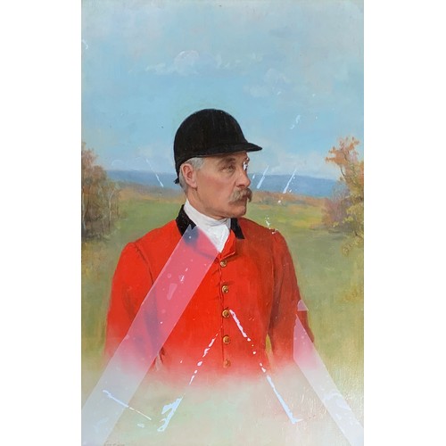 228 - Dickinson, Late 19th Century, a half-length study of a huntsman in a landscape, oil on panel, signed... 