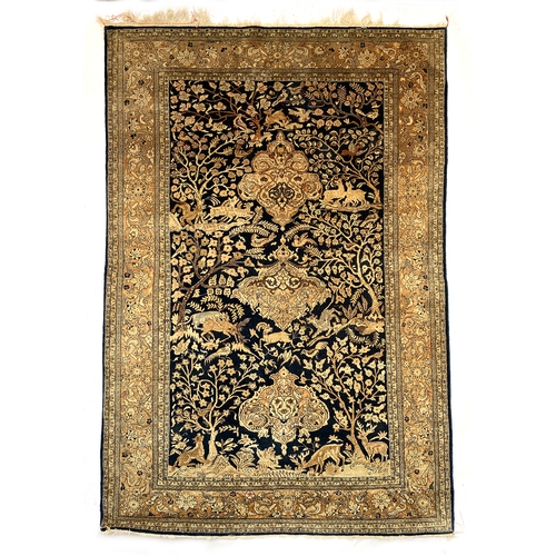 716 - Persian silk Qum rug, animals among foliage, 211x141cm