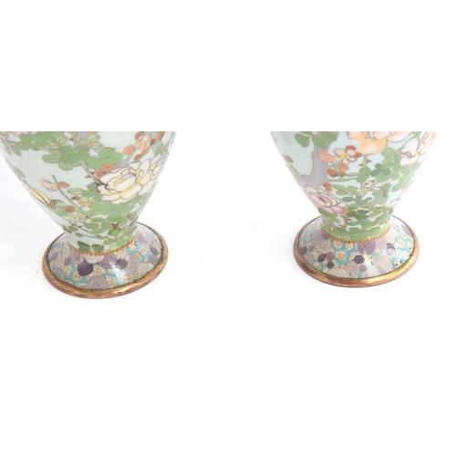 194 - A pair of Japanese cloisonne enamel vases, prunus on a duck egg blue ground, 30cm high