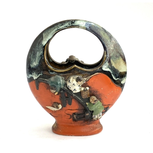 A Japanese Sumida Gawa moon vase, four applied figures, 21cmH