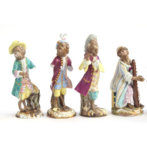 216 - A set of fourteen 19th century Meissen monkey orchestra porcelain figurines (af), all 15cm and small... 