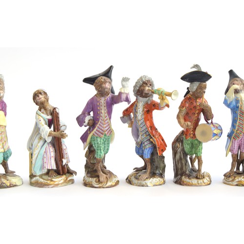 216 - A set of fourteen 19th century Meissen monkey orchestra porcelain figurines (af), all 15cm and small... 