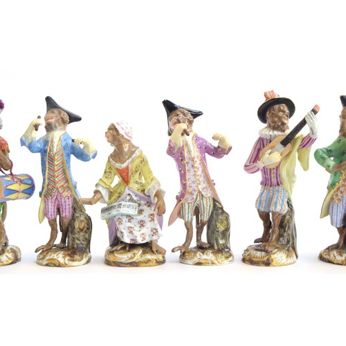 216 - A set of fourteen 19th century Meissen monkey orchestra porcelain figurines (af), all 15cm and small... 