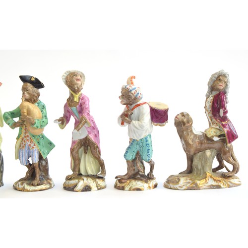 216 - A set of fourteen 19th century Meissen monkey orchestra porcelain figurines (af), all 15cm and small... 