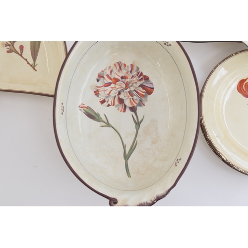 229 - A Davenport pearlware botanical dessert service, each piece hand painted with a flower within brown ... 