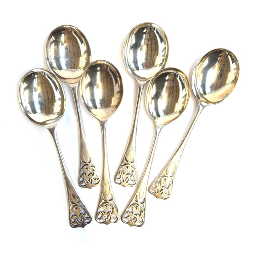 69 - A matched set of six silver soup spoons, by Charles Boyton & Son Ltd, London 1932, 1936-7, with pier... 