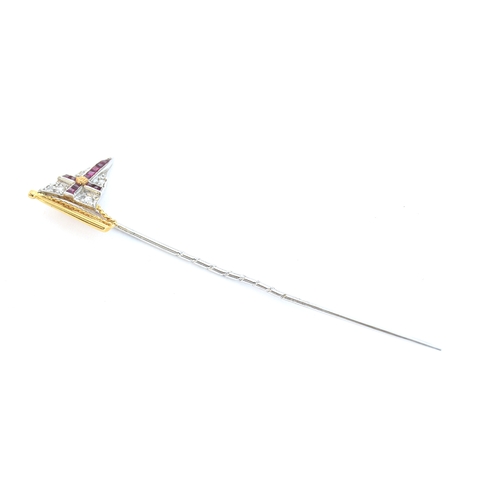 10 - An 18ct white and yellow gold, diamond and calibre cut ruby Royal Yacht Squadron stick pin, 1.5cm wi... 