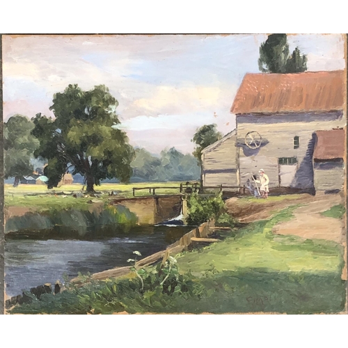 607 - 20th century oil on board, a figure by a water mill, signed 'Charles Har...?', 33x40cm