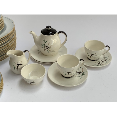 162 - A Royal Doulton 'Bamboo' teaset for two, comprising teapot, milk jug, sugar bowl, side plates (2), c... 