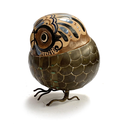 300 - A mid century Tonala Mexico stoneware pottery and brass sculpture of an owl, signed to base Eduardo,... 