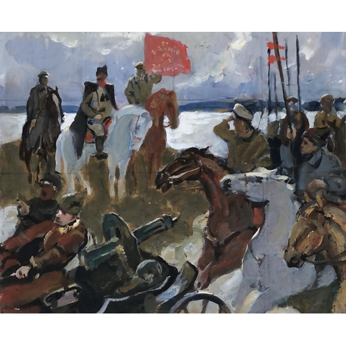 544 - 20th century Russian, oil on canvas laid on board, cavalry officers watching the artillery, 24x29cm;... 