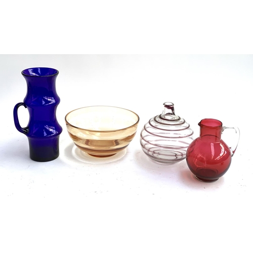 192 - A collection of art glass, to include swirl bottle vase, 16cmH; blue bamboo form jug; cranberry jug ... 