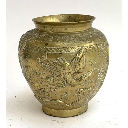 372 - An early 20th century Chinese brass vase, engraved with a deer, crane and bamboo, marked to base, 14... 