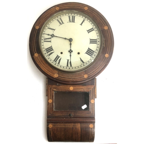 93 - A rosewood veneer and inlaid wall clock, the painted dial with Roman numerals, 73cmD