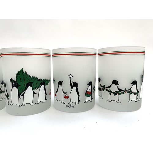 222 - A set of six vintage Cera retailed by Neiman Marcus frosted glass penguin tumblers, 11cmH