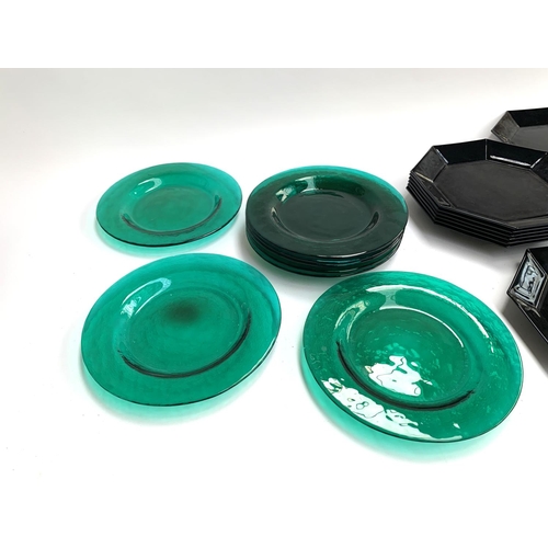 427 - Eight green glass dishes, 21cmD; together with nine French black glass octagonal plates, 22cmD