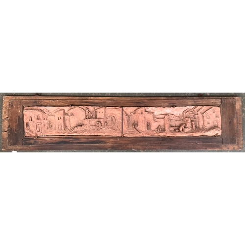 982 - A terracotta relief plaque, 104x16cm, in two parts set into a hardwood frame, signed Rossana 1980