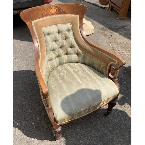 998 - An Edwardian mahogany and inlaid button upholstered armchair, 60cmW