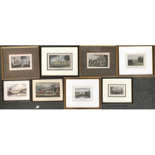 605 - Eight prints to include small 19th century coloured engravings of country seats etc