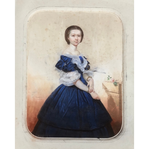 624 - A pair of Victorian three quarter length portraits of a naval officer and a lady in a blue gown, pas... 