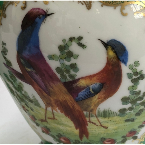 232 - A pair of large continental porcelain urns, painted with panels of fancy birds on a green ground, he... 