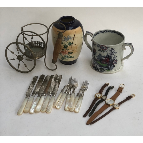 521 - A mixed lot to include large twin handled transferware mug; and a set of plated and mother of pearl ... 