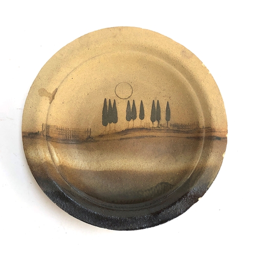 235 - A Paul Gooderham, Gailey Pottery studio pottery textured plate depicting a landscape, stamped to bas... 