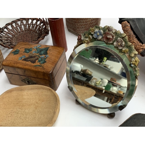 273 - A mixed lot to include various wooden items, Chinese stand, baskets, Geneva hand painted trinket box... 