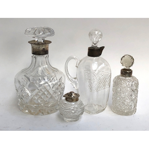 67 - A late Victorian cut glass liqueur decanters, silver collar marked for Chester 1898, 21cmH; cut glas... 