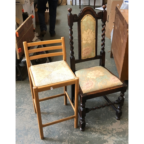 1005 - An oak barleytwist chair, and a beech stool