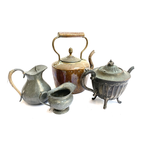 326 - A copper kettle, 25cmH; together with a Period Pewter milk jug etc