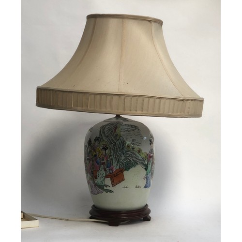 1021 - A large Chinese table lamp on a hardwood base, 65cmH to top of shade