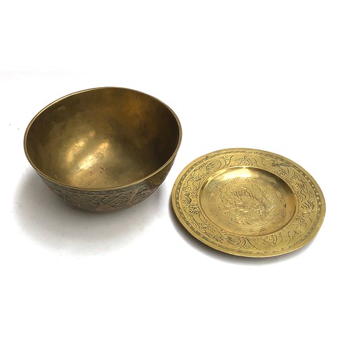 272 - A large early 20th century Chinese brass singing bowl, Xuande mark to base, 25.5cmD, 12cmH; together... 