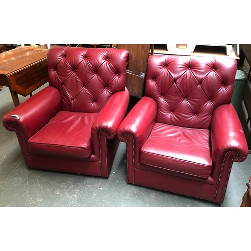 990 - A pair of 20th century buttonback red leather club chairs, formerly of the Cavalry & Guards Club, Pi... 