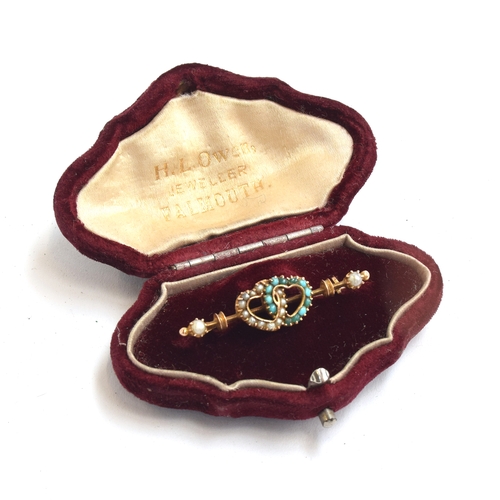 4 - An Edwardian Murrle Bennett & Co. 9ct gold, seed pearl and turquoise bar brooch in the form of inter... 